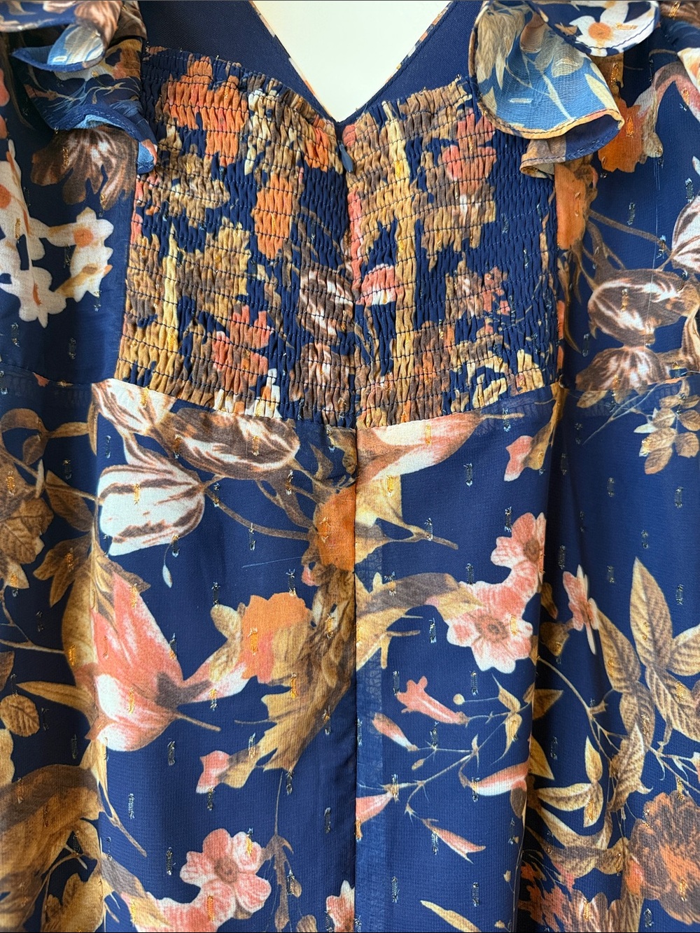 Lulu's Navy Floral High-Low Midi Dress with Rust & Cream Accents - Picture 4 of 7